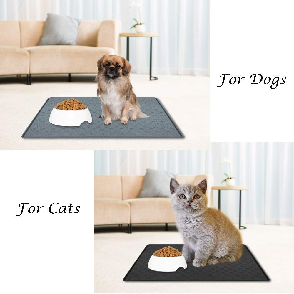 Dog Food Mat, Silicone Dog Cat Bowl Mat, Non Slip Pet Feeding Mat Waterproof Dog Placemat for Small Animals (18.5"X11.8", Grey Paw Pattern)