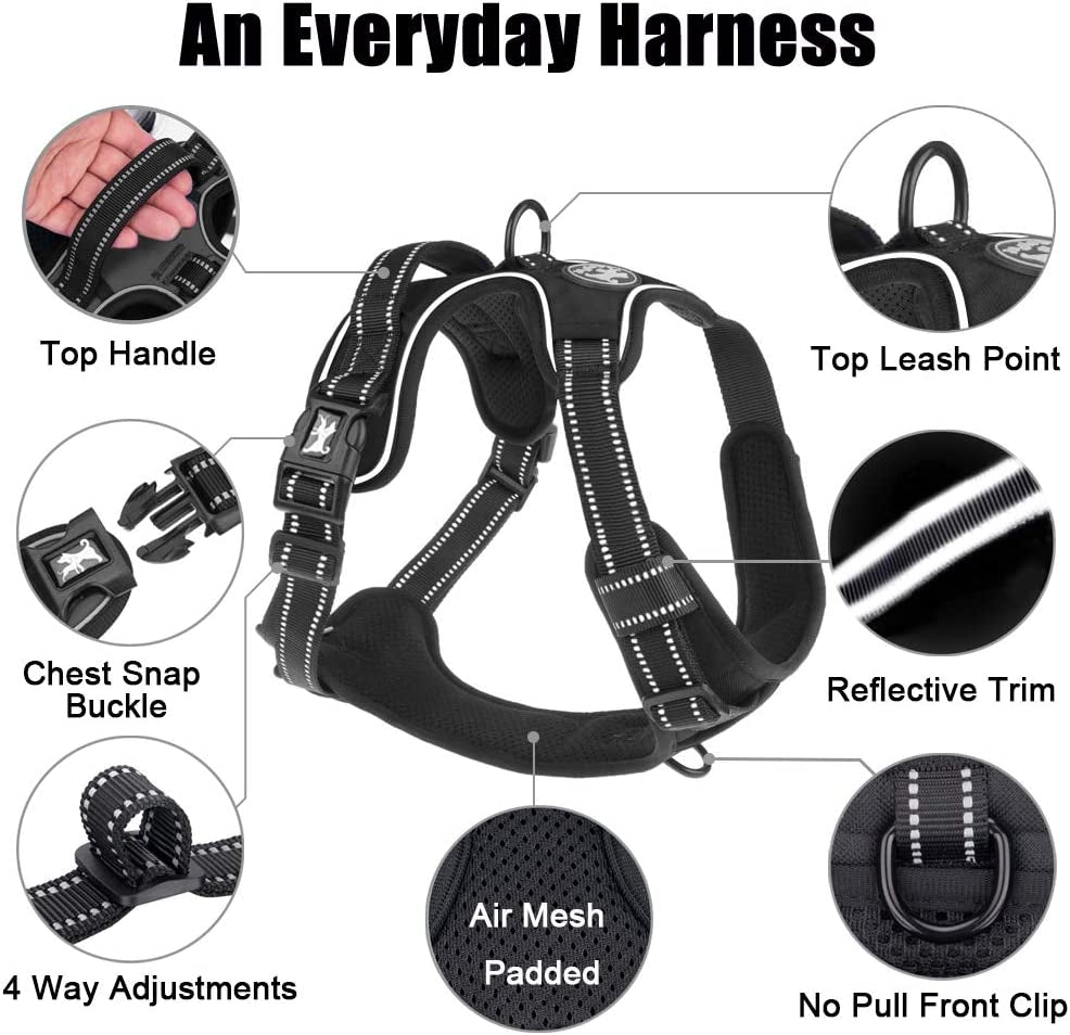 No Pull Dog Harness, Reflective Comfortable Vest Harness with Front & Back 2 Leash Attachments and Easy Control Handle Adjustable Soft Padded Pet Vest for Small to Large Dogs (Black,L)