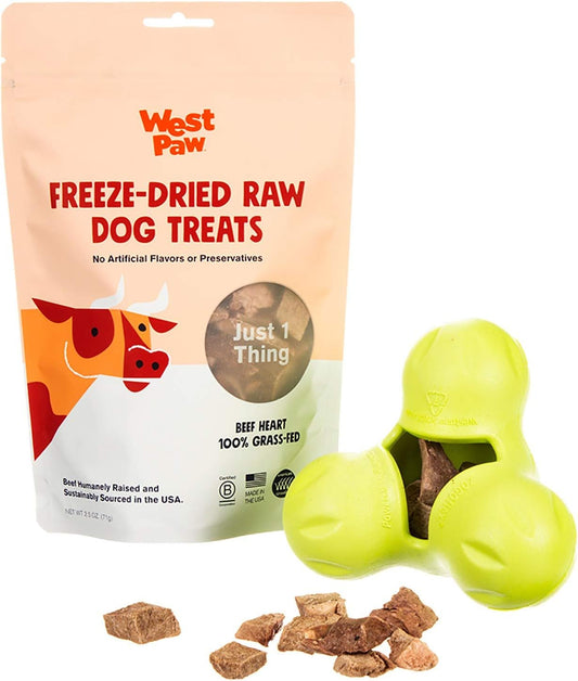 Dog Chew Toy and Puppy Training Treats Bundle, Zogoflex Tux Treat Dispensing Dog Chew Toy, Granny Smith, Large and Beef Heart Freeze-Dried Raw Dog Treats, Made in USA