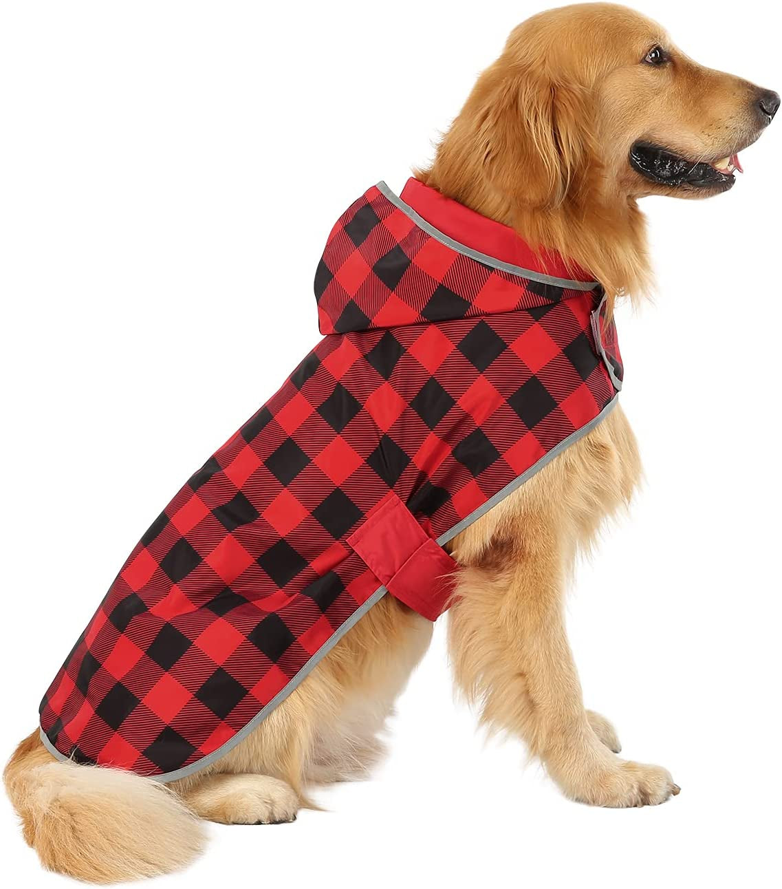 Reversible Dog Raincoat Hooded Slicker Poncho Rain Coat Jacket for Small Medium Large Dogs Buffalo Plaid Red - L