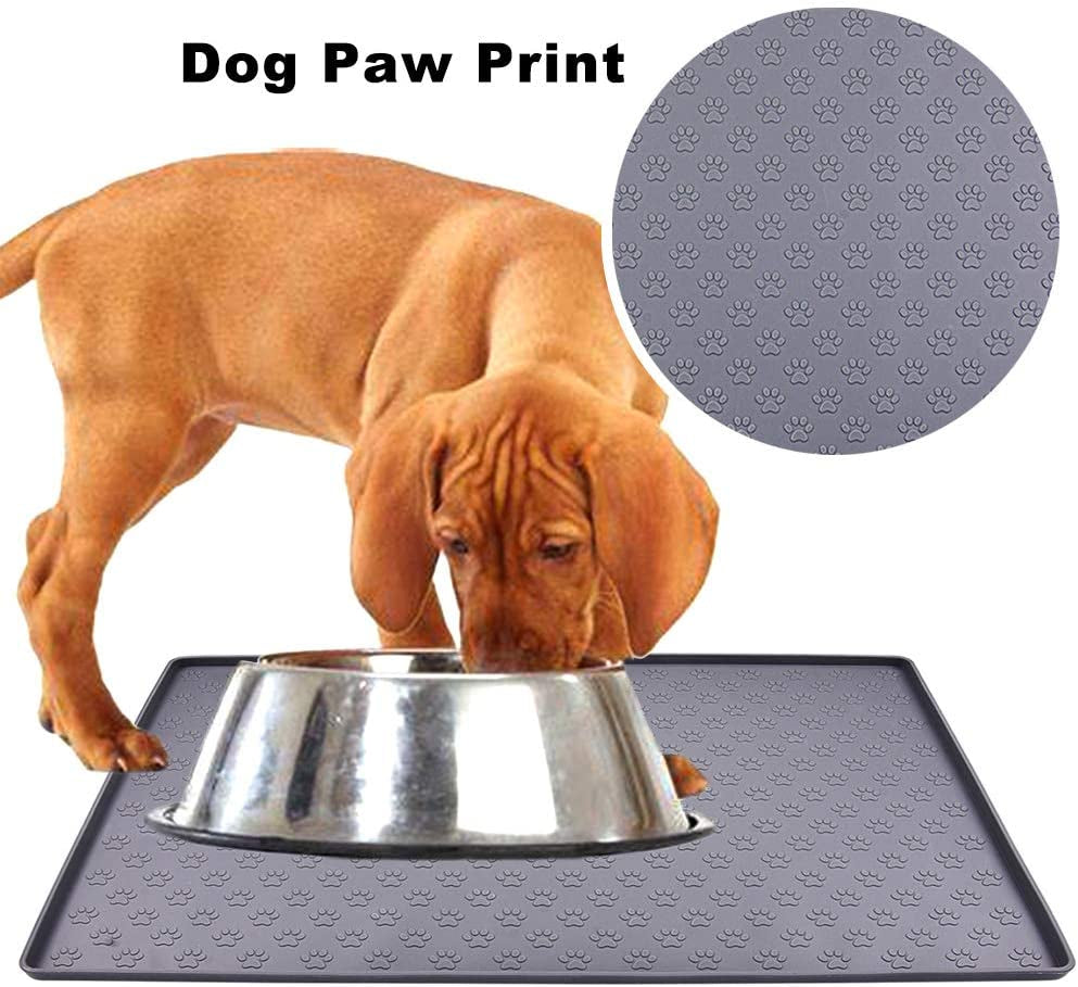 Dog Food Mat, Silicone Dog Cat Bowl Mat, Non Slip Pet Feeding Mat Waterproof Dog Placemat for Small Animals (18.5"X11.8", Grey Paw Pattern)